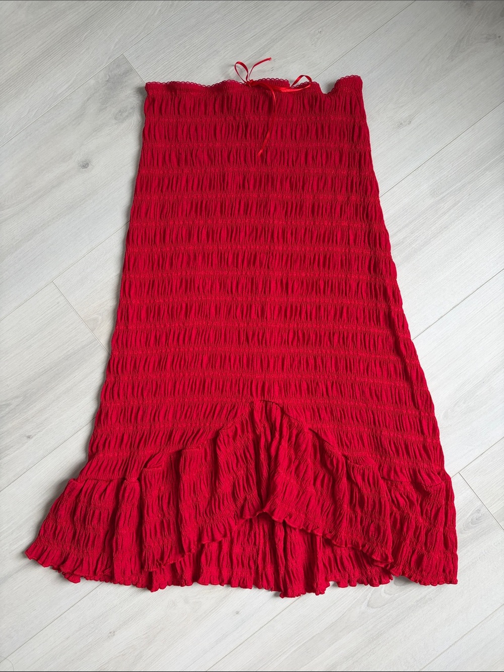 Vintage Red Smocked Midi Skirt with Ruffle Hem